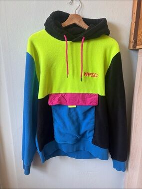 Wesc Neon Colorblock Crewneck Hoodie - Lime, Blue & Pink